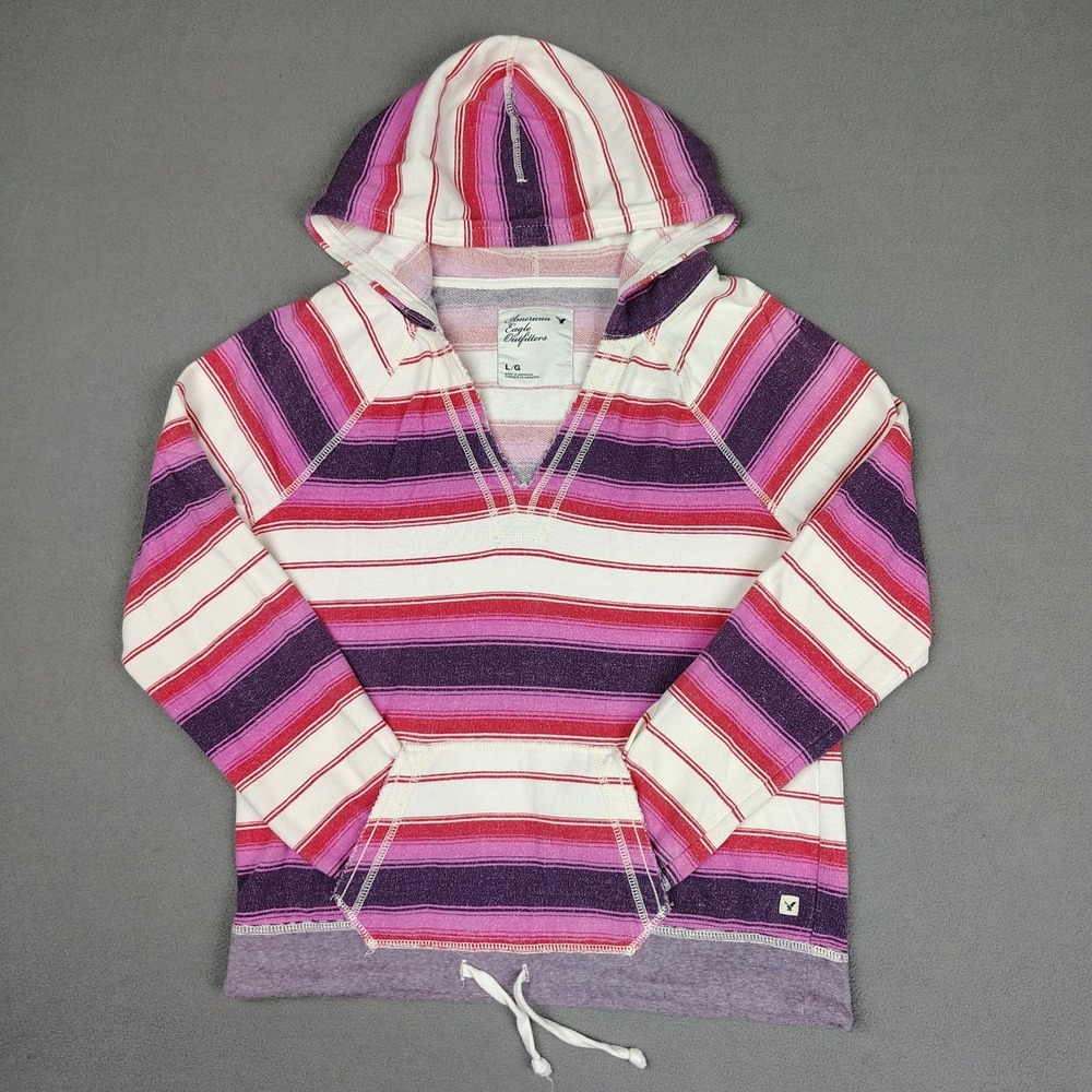 Y2K American Eagle Beach Hoodie Women Large Pink Purple Stripe 100% Cotton Soft